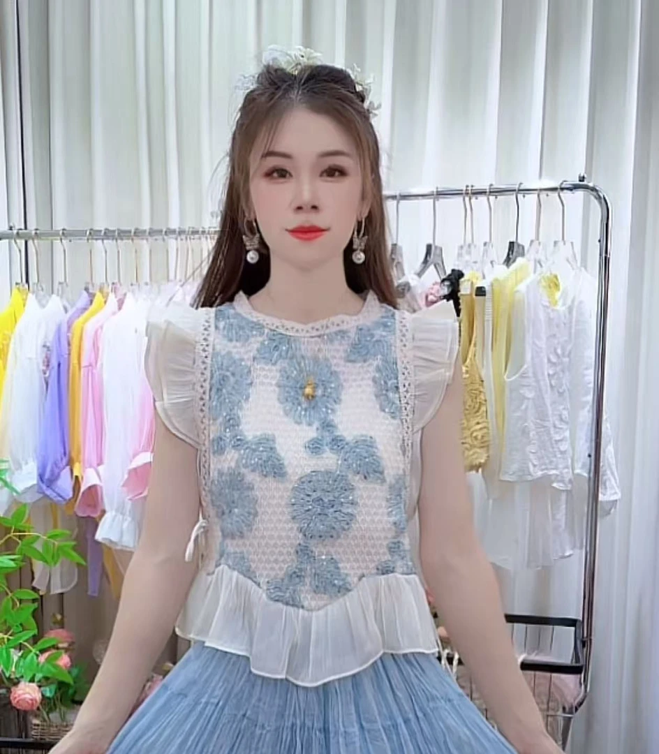 1400#拼接小飞袖绑带上衣