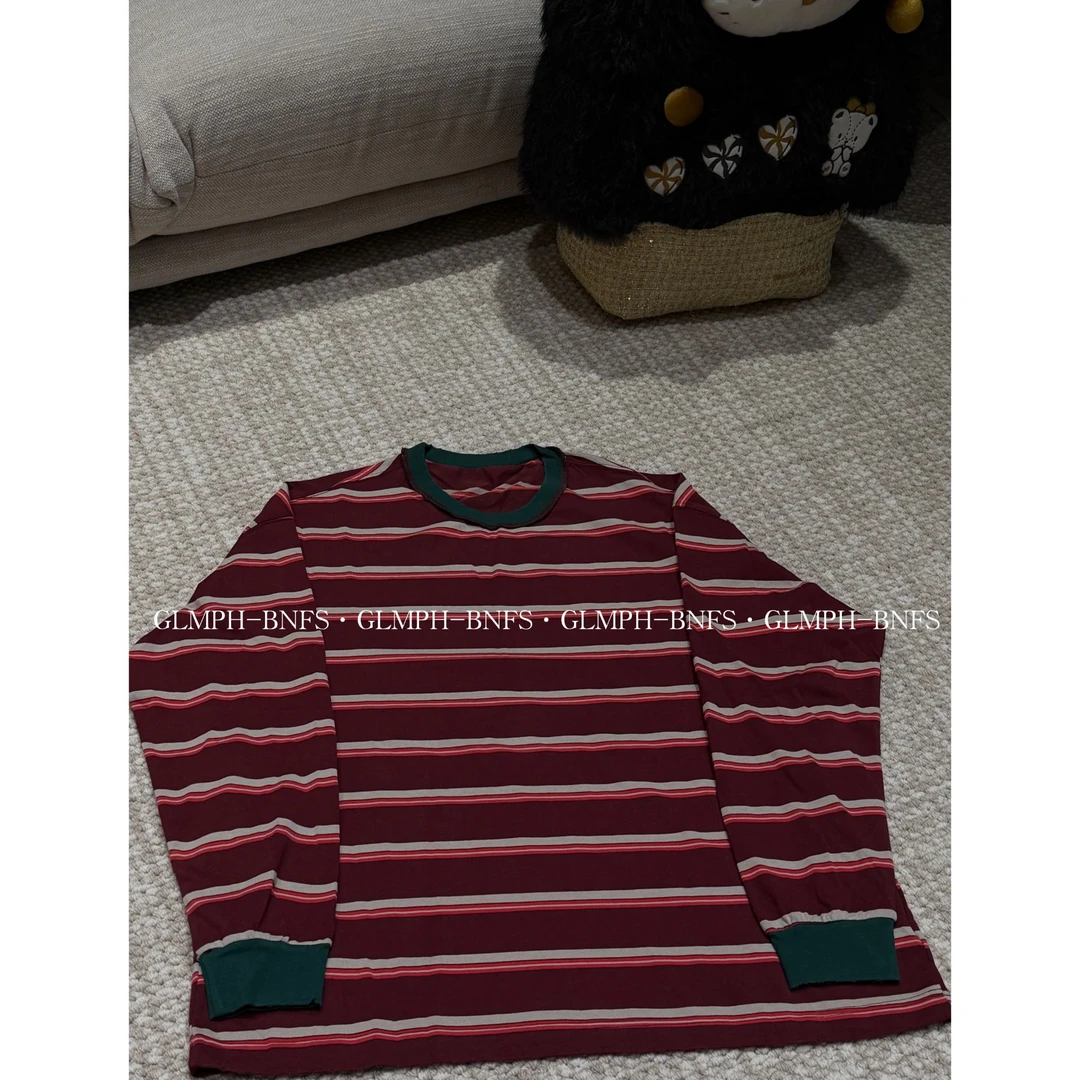 GLMPH-BNFS【撞色条纹】宽松圆领撞色条纹长袖休闲百搭上衣-1359