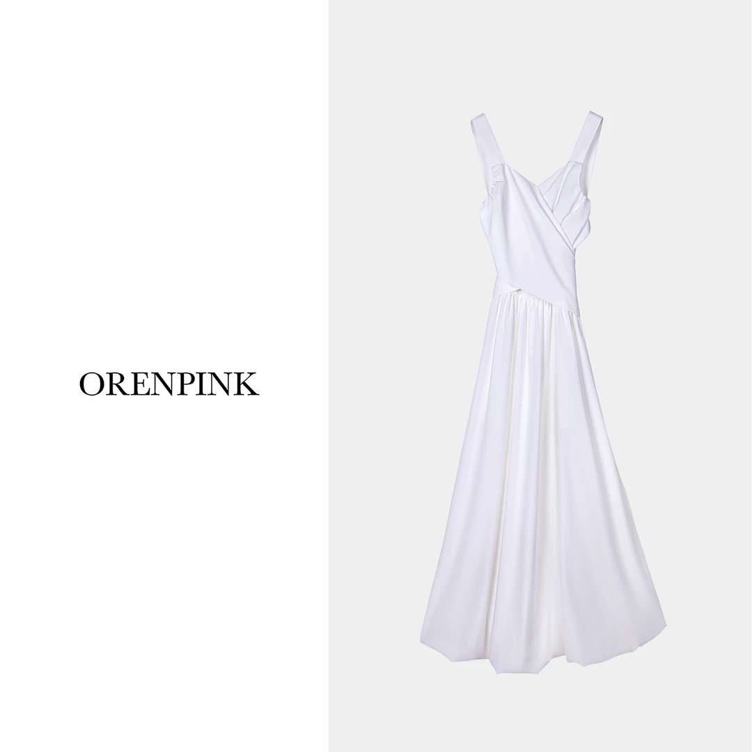 OREN PINK/奥粉25年新款春夏款“纯白之诗”V领吊带摩登复古连衣裙