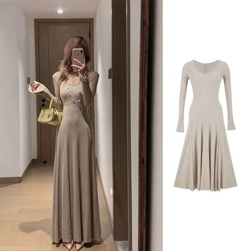 【运补6-8米】法式新款高个子长袖针织连衣裙秋冬V领修身A字长裙女