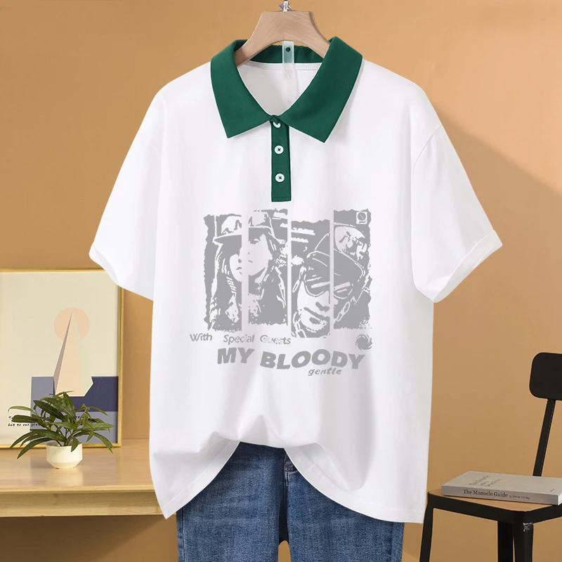 美式复古宽松胖mm大码POLO领纯棉短袖t恤女装设计感小众显瘦上衣