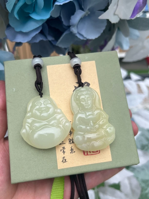 纯天然玉石黄口观音佛公玉石吊坠男女同款项链