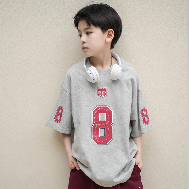 儿童灰色纯棉短袖t恤半袖夏季薄款运动上衣大男童装2025夏装新款