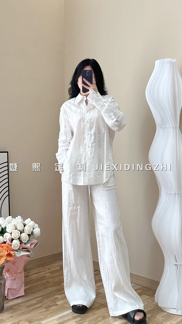 【婕熙定制】白色抽绳松紧腰净版亚麻阔腿裤