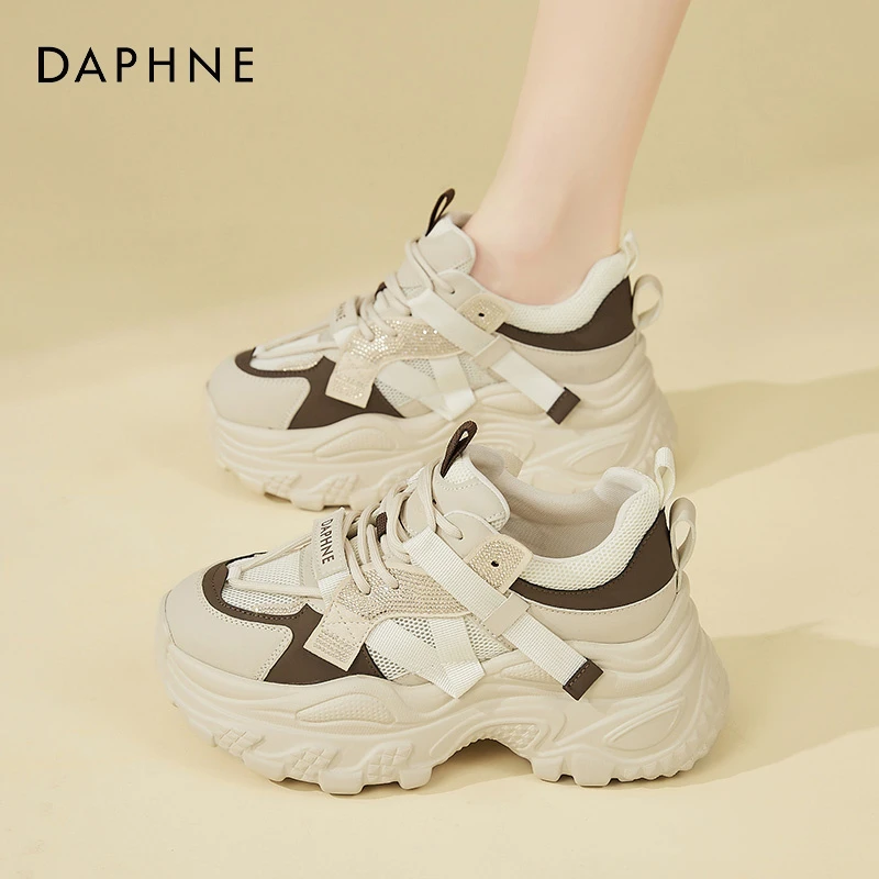 Daphne/达芙妮百搭拼色老爹鞋女系带透气网鞋厚底运动鞋透气网面