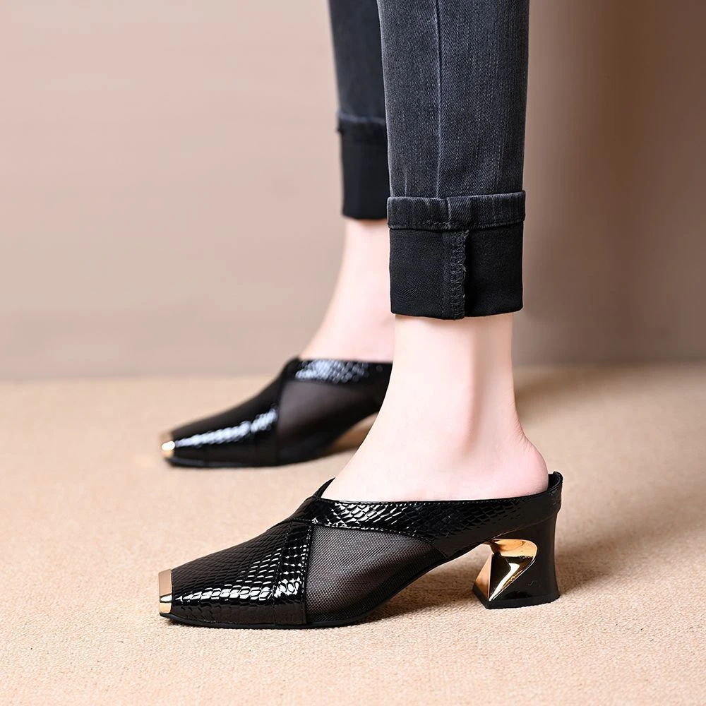 网纱包头半拖女2025夏季新款透气凉拖粗跟软底防滑百搭英伦风凉鞋