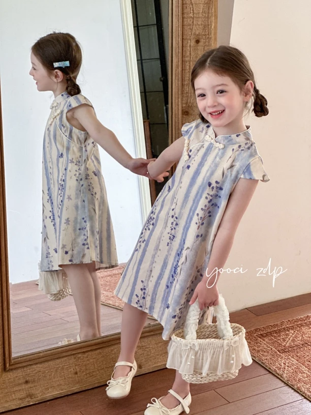 夏季碎花麻料清新儿童小旗袍25622