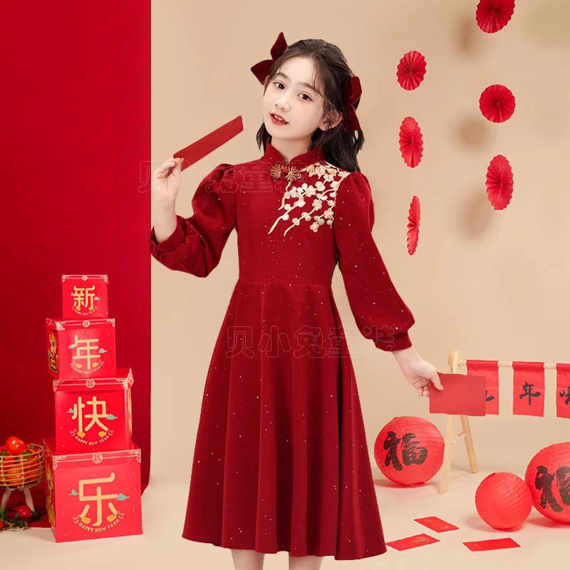 新年服女童新中式连衣裙秋冬新款时髦洋气中大童红色小女孩公主裙
