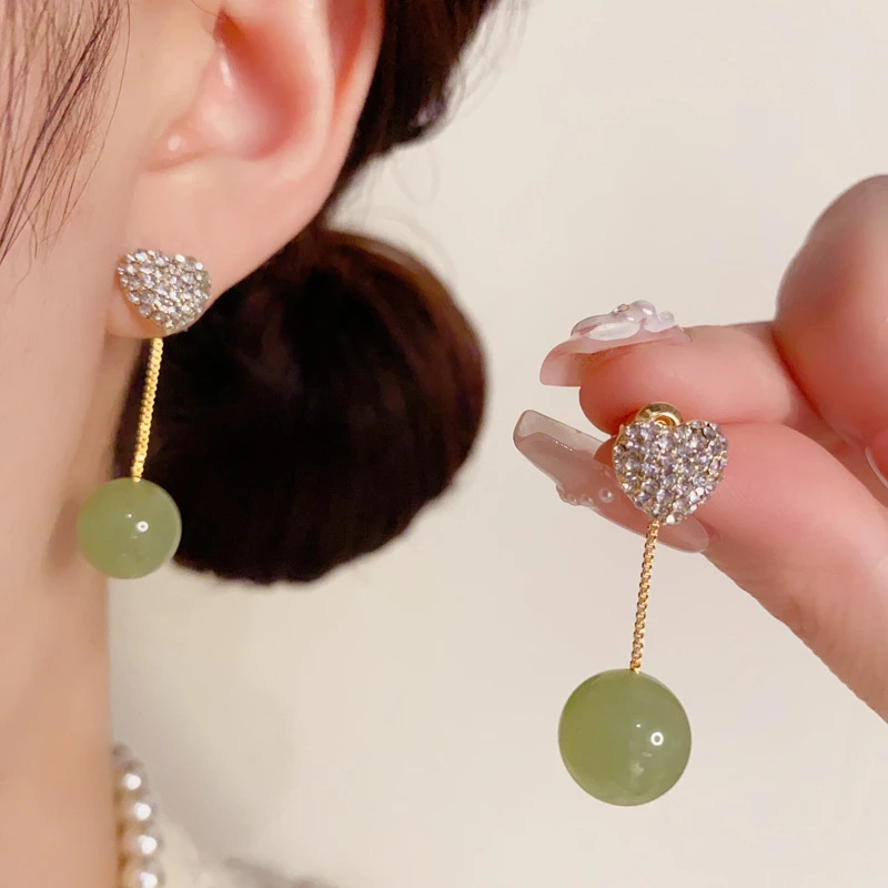 铜合金耳饰 满钻爱心一款两戴绿色珠子耳坠女气质时尚小清新qh