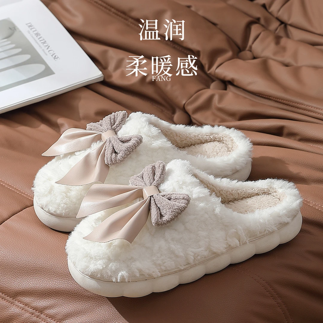猫力女士秋冬季厚底超软包头保暖毛毛棉拖鞋室内居家外穿蝴蝶结款