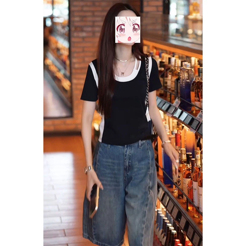 夏季撞色不规则拼接短袖T恤收腰显瘦短袖T恤百搭直筒牛仔短裤套装