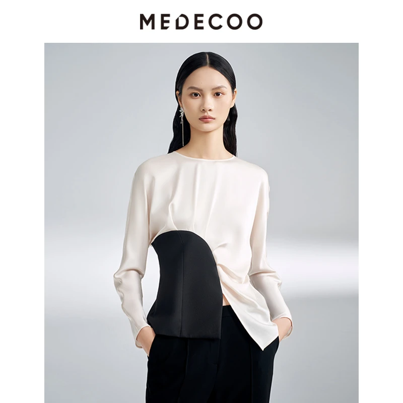 墨蒂珂【羊羊专属】长袖收腰撞色拼接醋纤上衣C62201