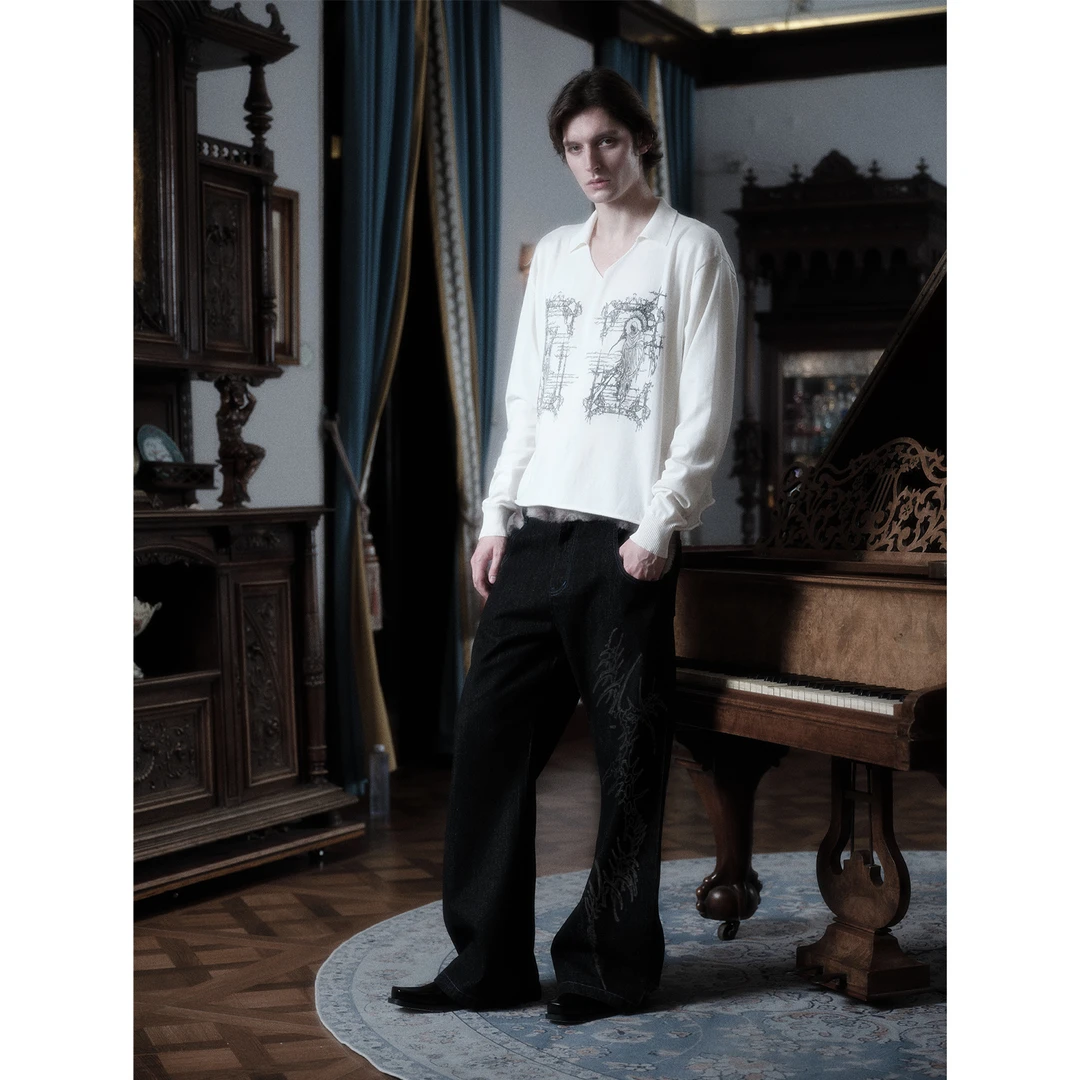 WANNA LAB 25FW "对立之窗"天使死神符文印花 针织T恤长袖V领polo