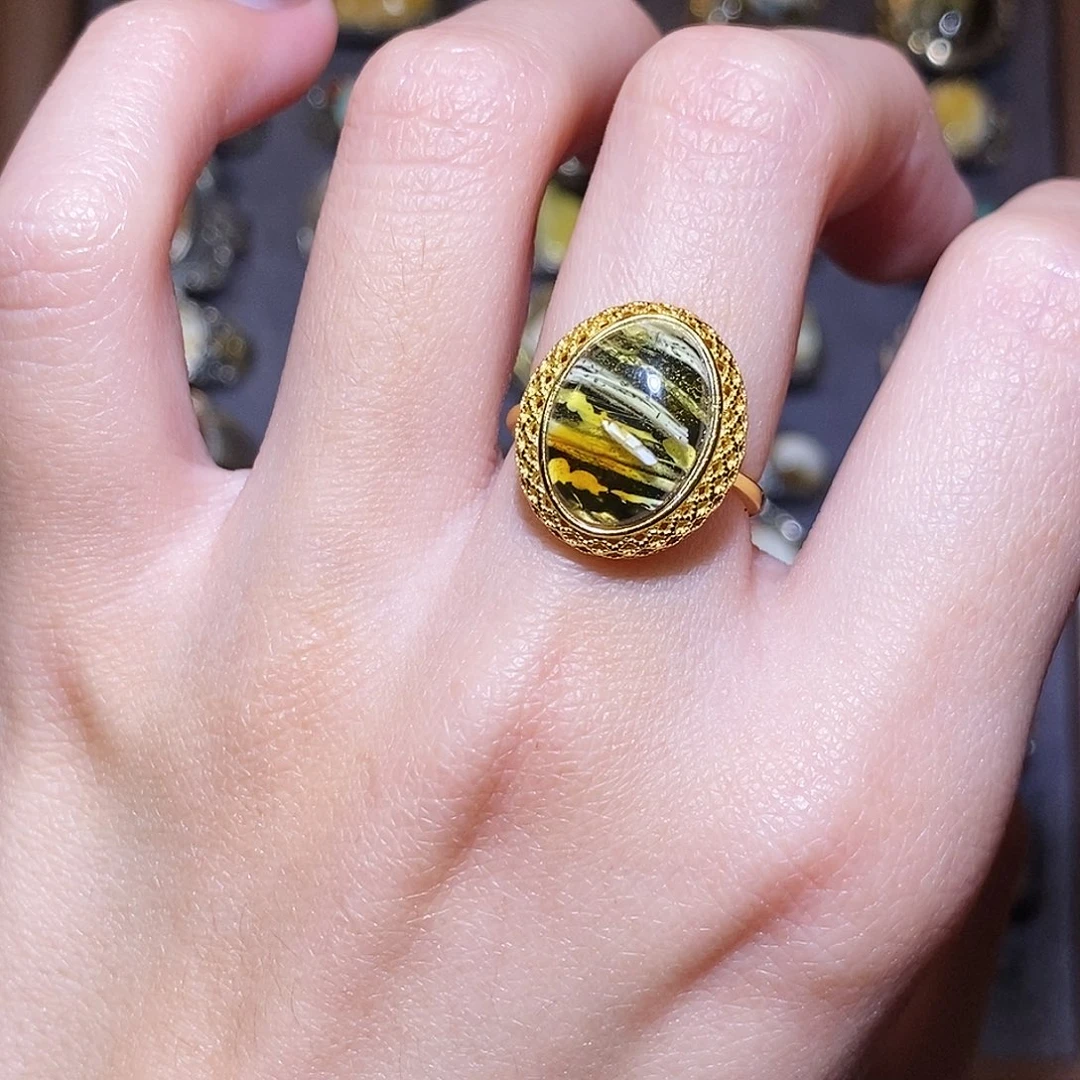 琥珀戒指银S925镀金镶嵌戒指