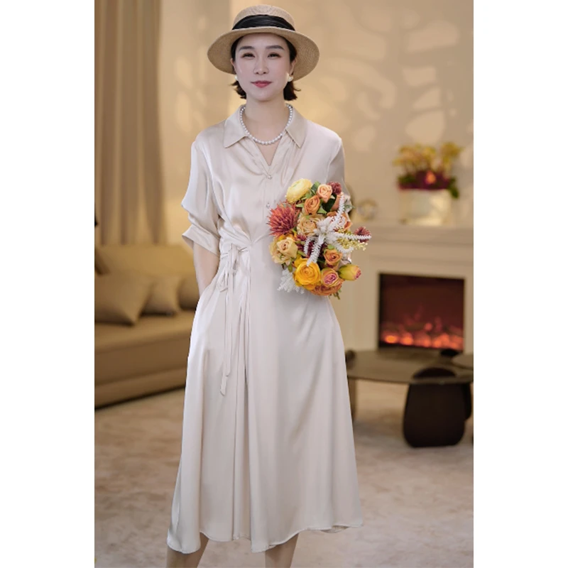 【赞妈专属】高级缎面夏季新款女士优雅气质百搭修身连衣裙女D-1391