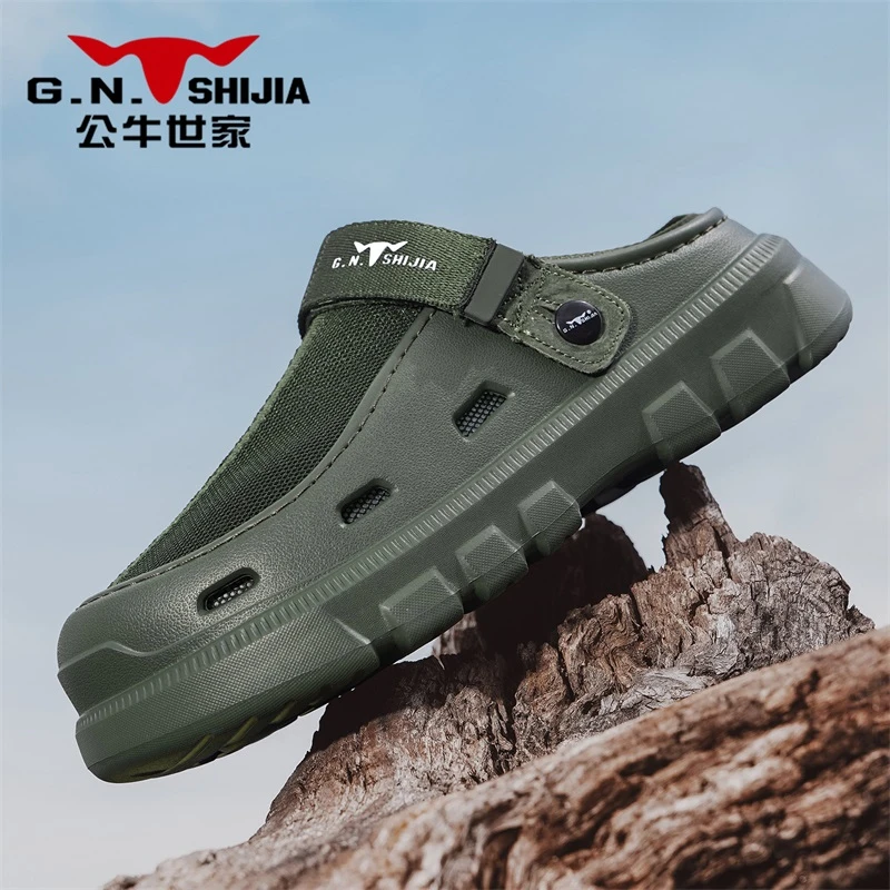 公牛世家帆布鞋男款2025夏季新款厚底增高外穿两用两穿包头洞洞鞋