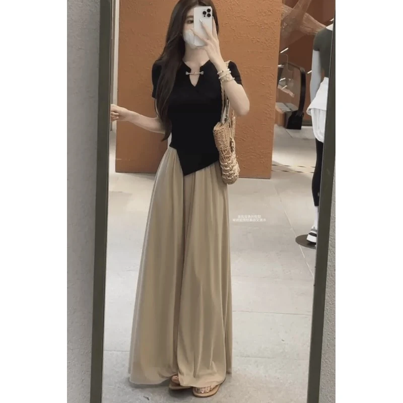 夏季2025夏季新款新中式不规则短袖上衣女搭显瘦休闲阔腿裤女装两