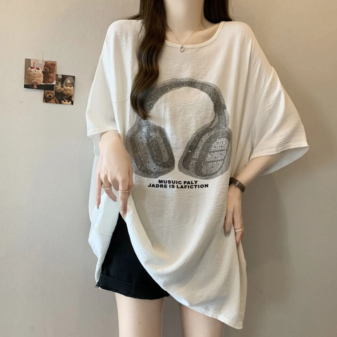 大码起皱冰丝重工烫钻短袖t恤女夏季2025新款宽松显瘦胖mm上衣女