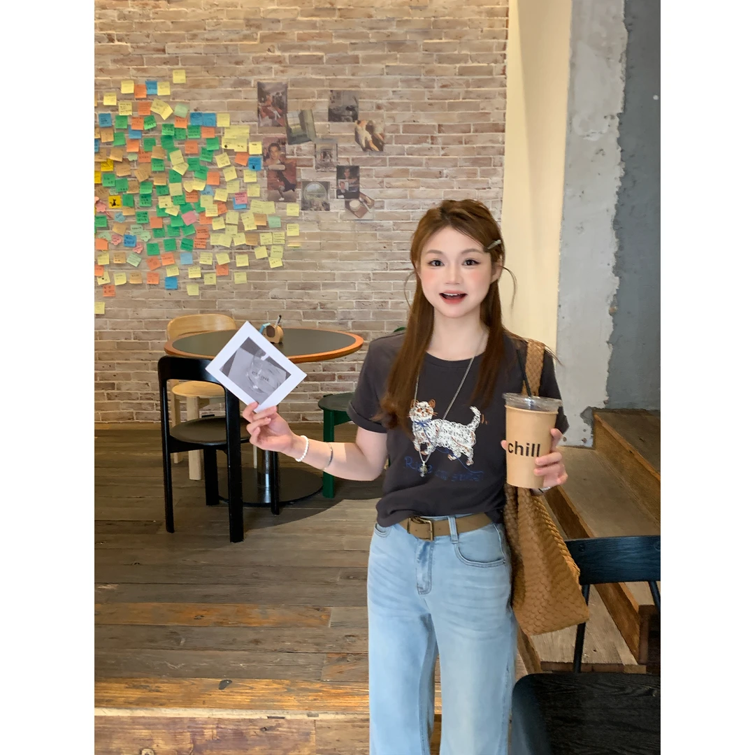 切糕自制【朱古力】小个子夏季短款百搭设计感刺绣印花短袖T恤