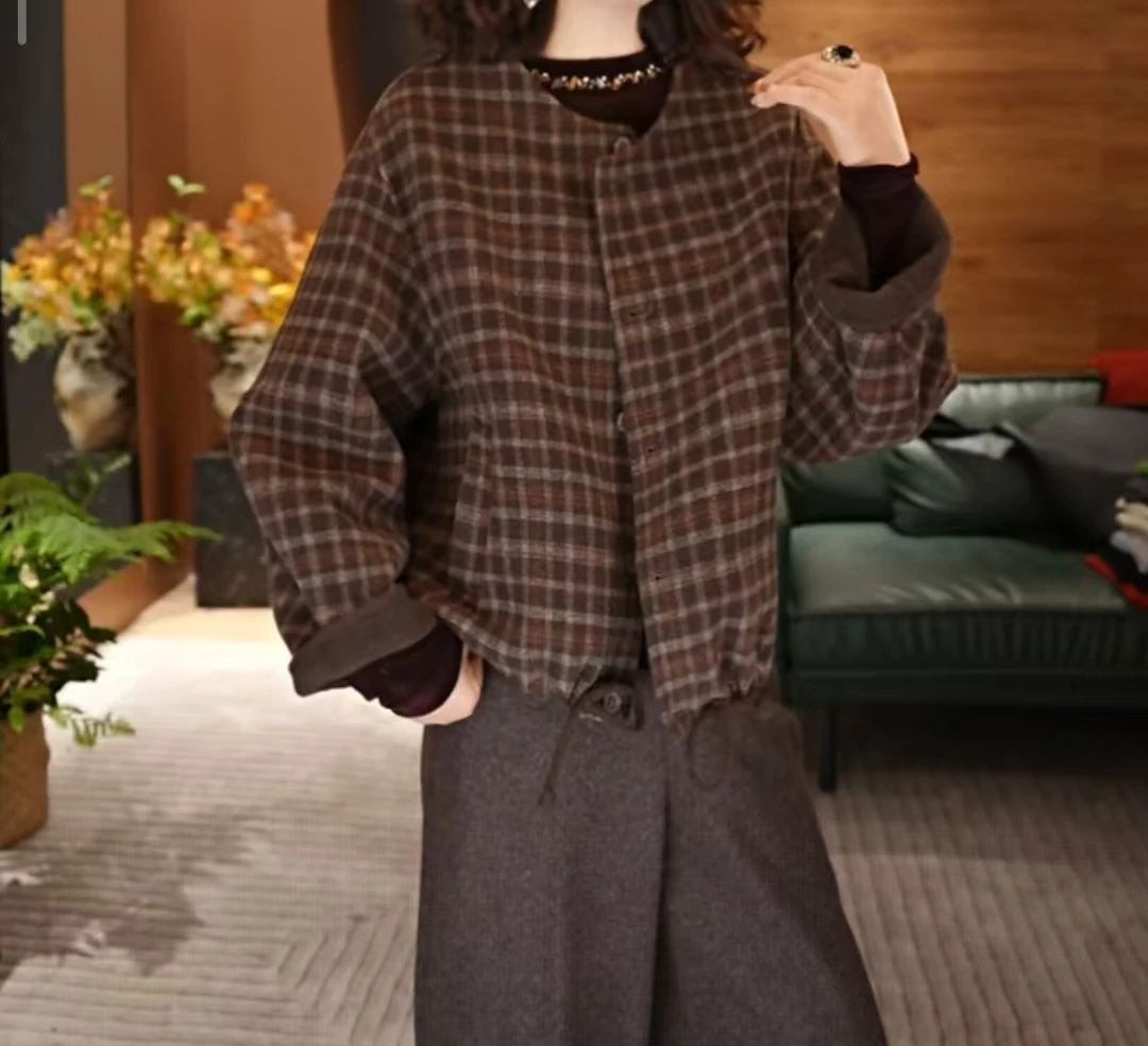 JIUER【格调】羊毛羊驼毛格纹外套韩版质感短款显贵气有质感28917