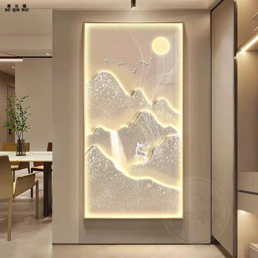 奥沁瑞入户玄关装饰画流水生财山水画走廊挂画现代轻奢高级壁灯画