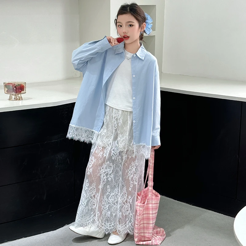 女童衬衫三件套春季法式蕾丝拼接蓝色衬衫开衫搭配女孩半身裙春夏