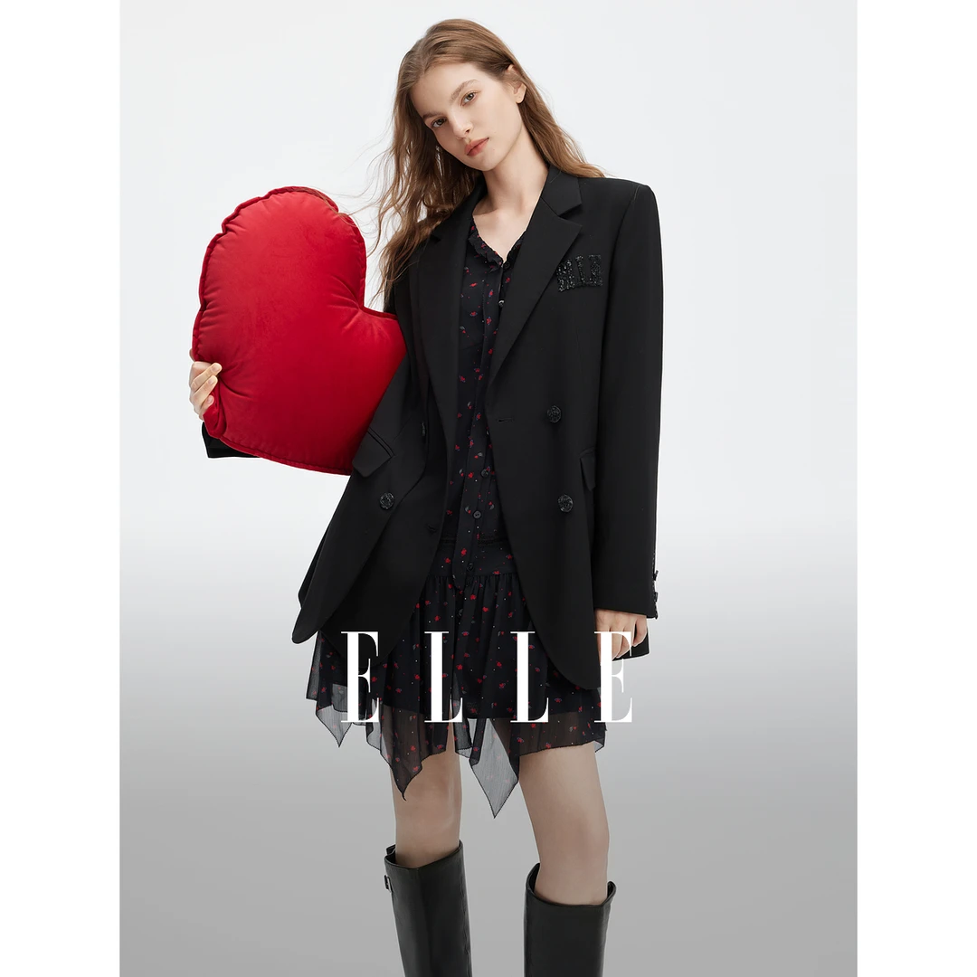 ELLE女装黑色绵羊毛宽松西装外套2025秋新款廓形小众西服EX52286