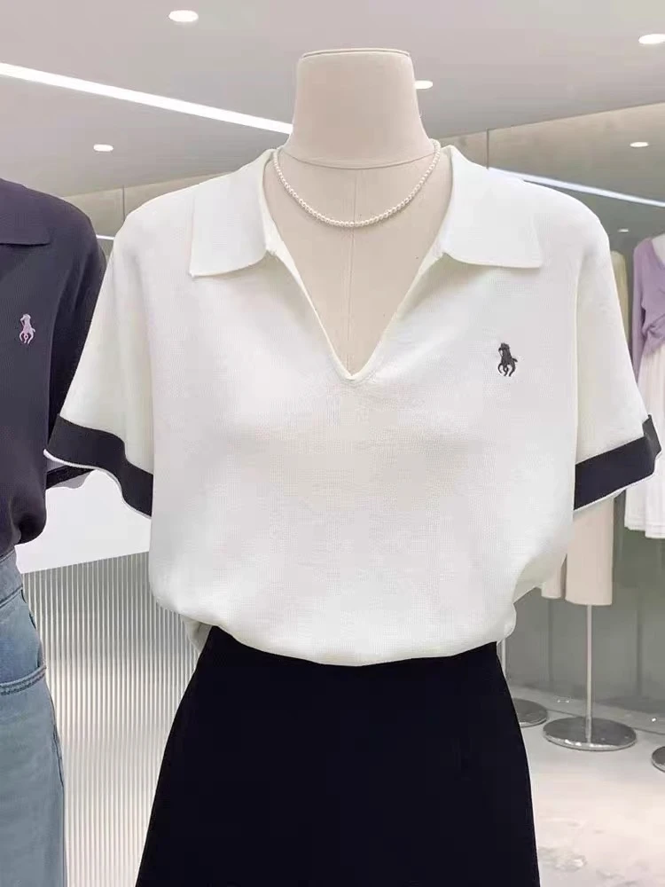 2025 简约撞色小V领短袖针织衫女夏季款时尚显瘦休闲洋气减龄上衣