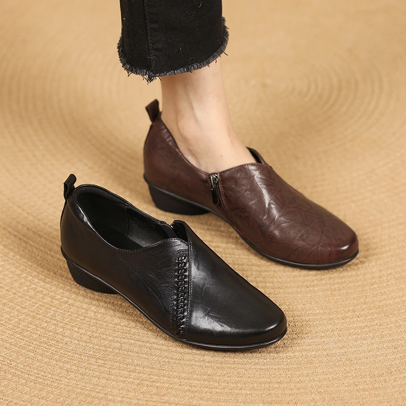 轩玥情女鞋3.5cm头层真羊皮v口低跟单鞋女舒适软底软面平底奶奶鞋