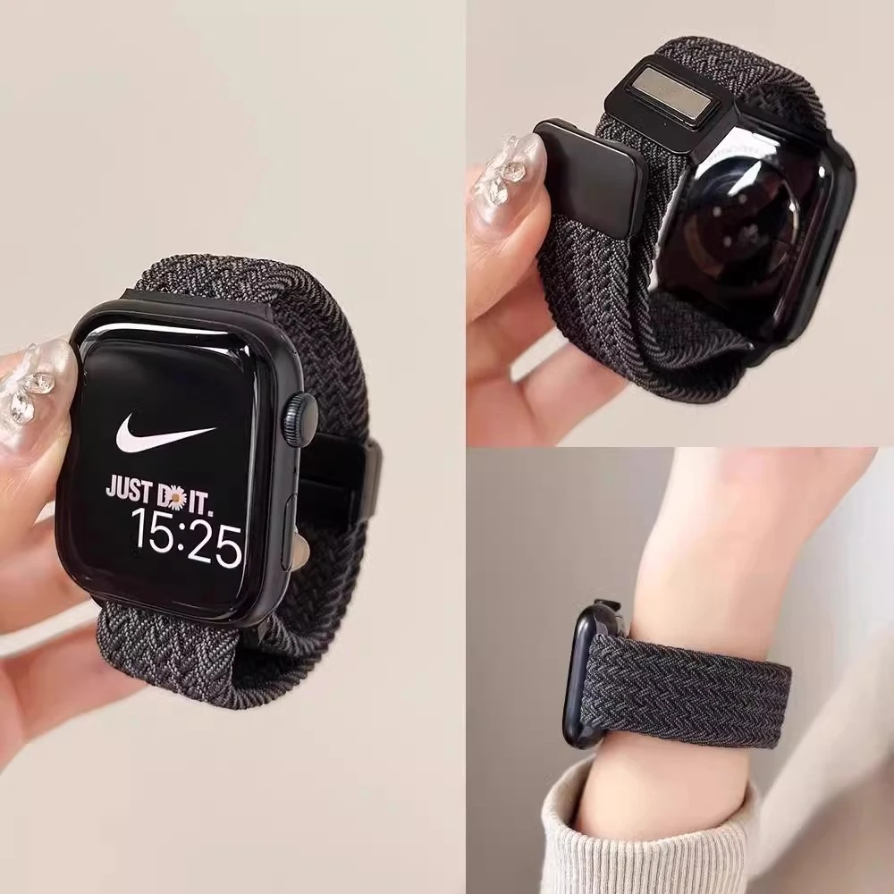适用苹果手表S10编织尼龙磁吸扣appleiwatch98表带新款男女适用