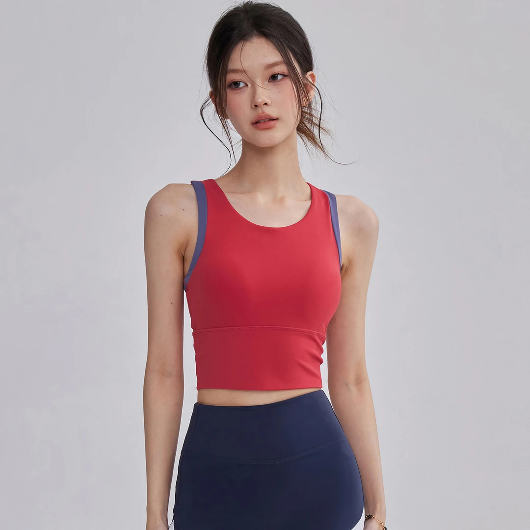 红色美背瑜伽背心一体式防震撞色工字健身跑步修身显瘦瑜伽背心