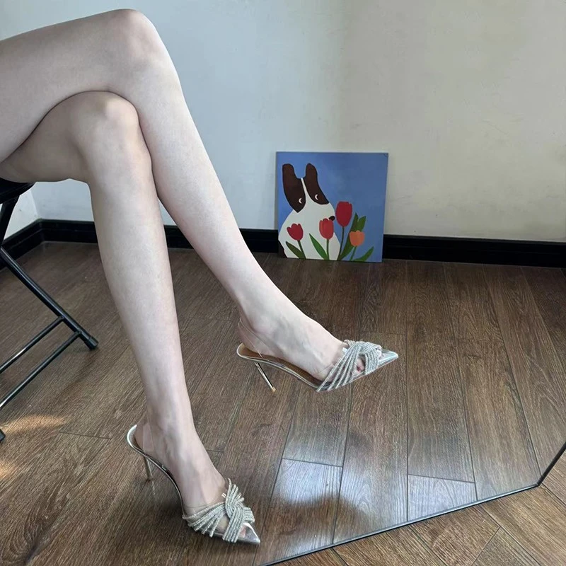 2025春夏新款水钻透明凉鞋尖头凉拖半拖性感水晶高跟鞋细跟拖鞋女