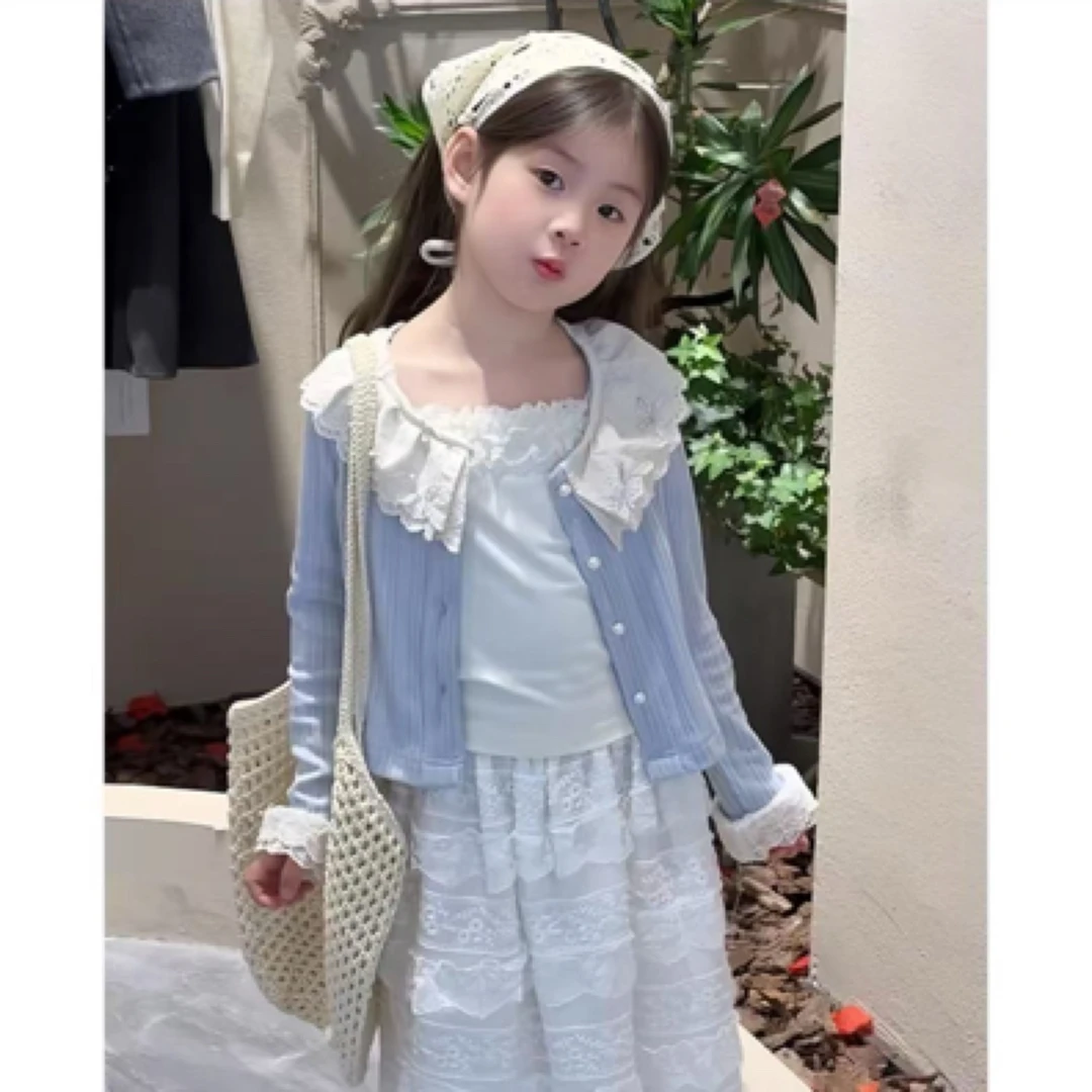 2025女童春季韩版花边娃娃领开衫外套蛋糕蕾丝长裙套装