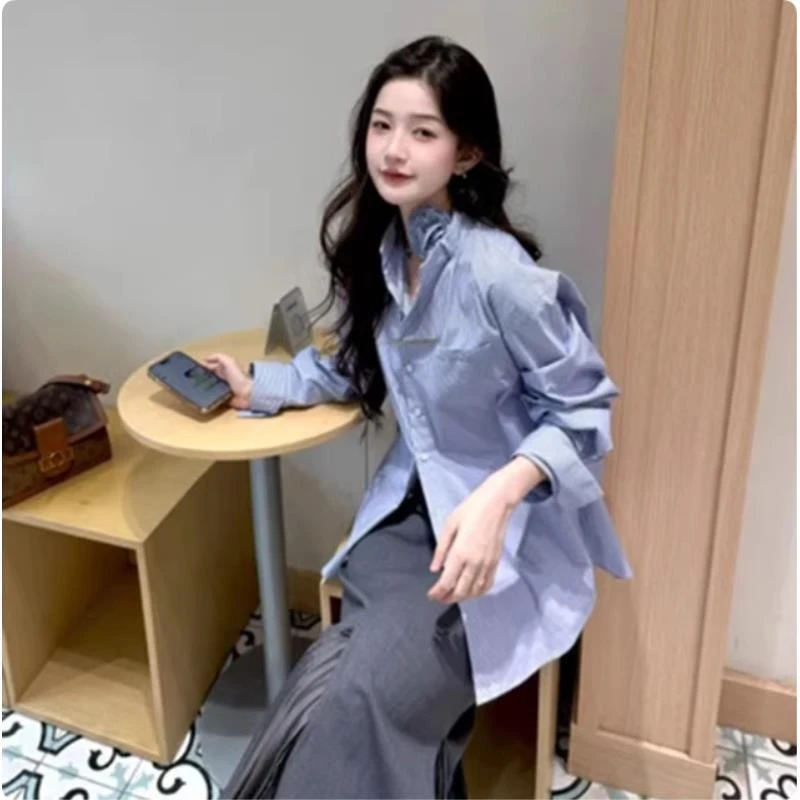 「岸芷丁兰」春秋新款附装饰花条纹宽松休闲小众长袖衬衫上衣130050