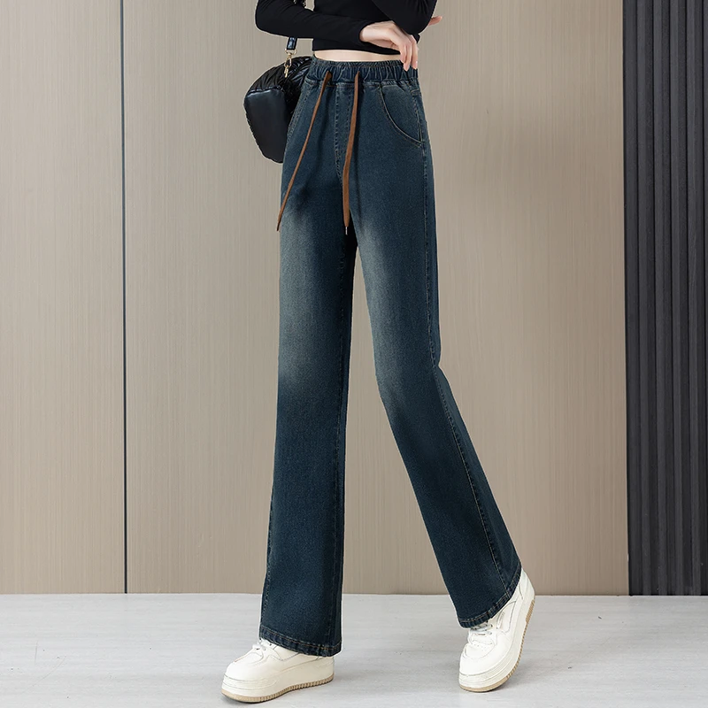 哈伦裤女款爆款2025新款高腰牛仔裤女弹力宽松妈妈装松紧腰直筒裤