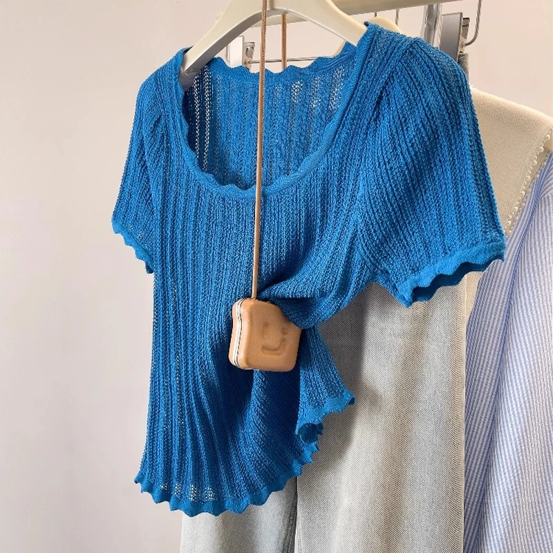 冰丝短袖2025夏季新款蓝色针织上衣时尚女装宽松休闲简约女士T恤