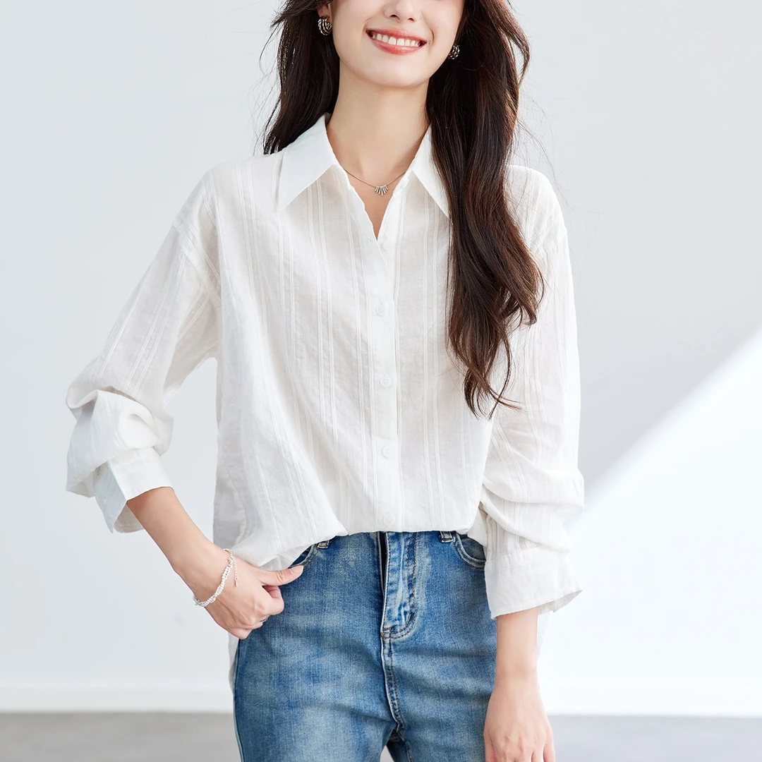 白色纯棉长袖衬衫女春秋新款设计感条纹上衣宽松百搭休闲衬衣小众