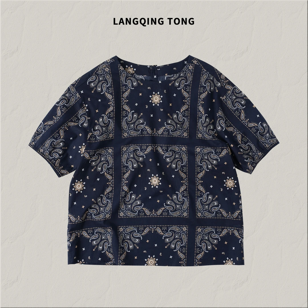 浪清/女装推荐 雨露娅撞色文艺时尚纯棉上衣44526#