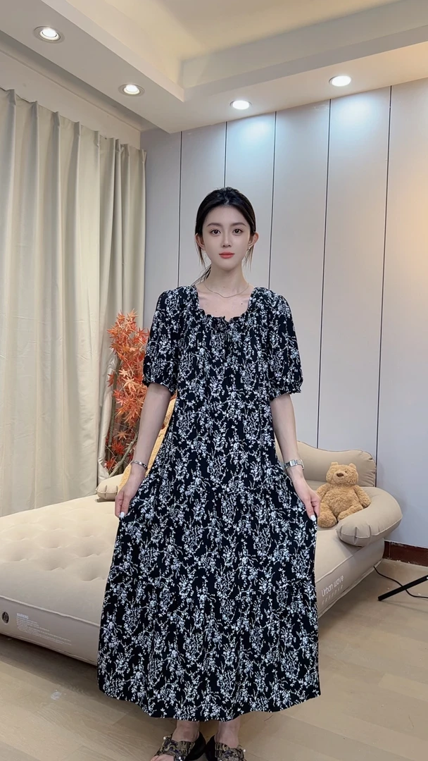 绵绸夏季新款气质绵绸碎花显瘦宽松时尚休闲连衣裙