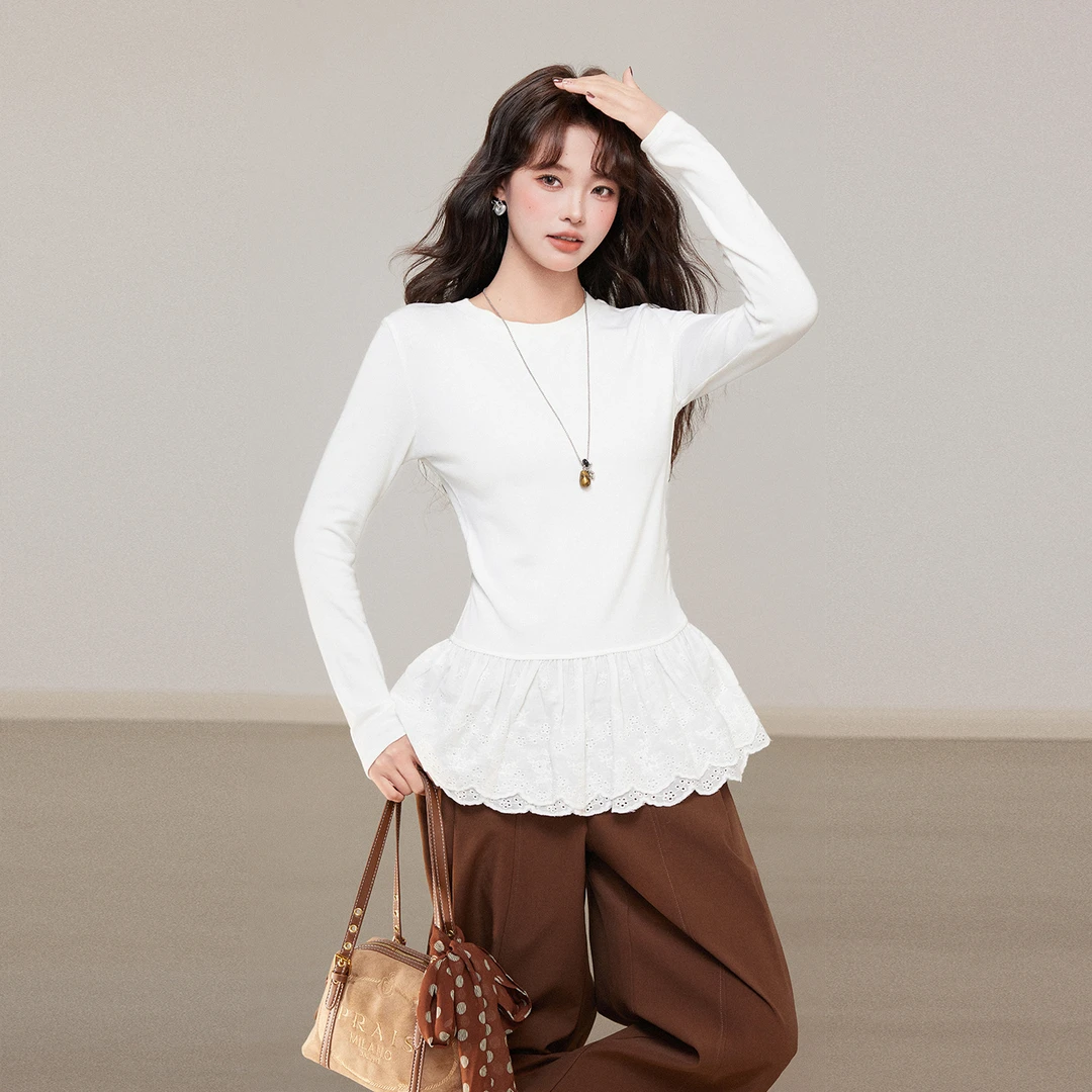 季优 芭蕾圆领蕾丝花边下摆长袖T恤女秋冬磨毛加厚内搭打底衫上衣