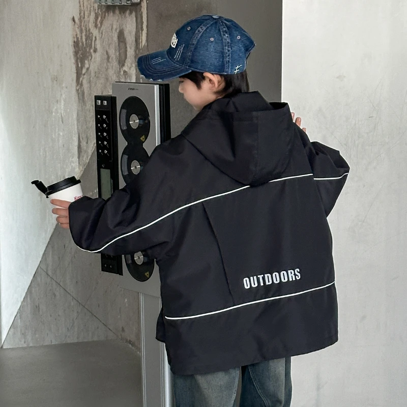 男童2025软壳连帽外套拉拉开衫拼接春款中大童高定儿童街舞潮牌