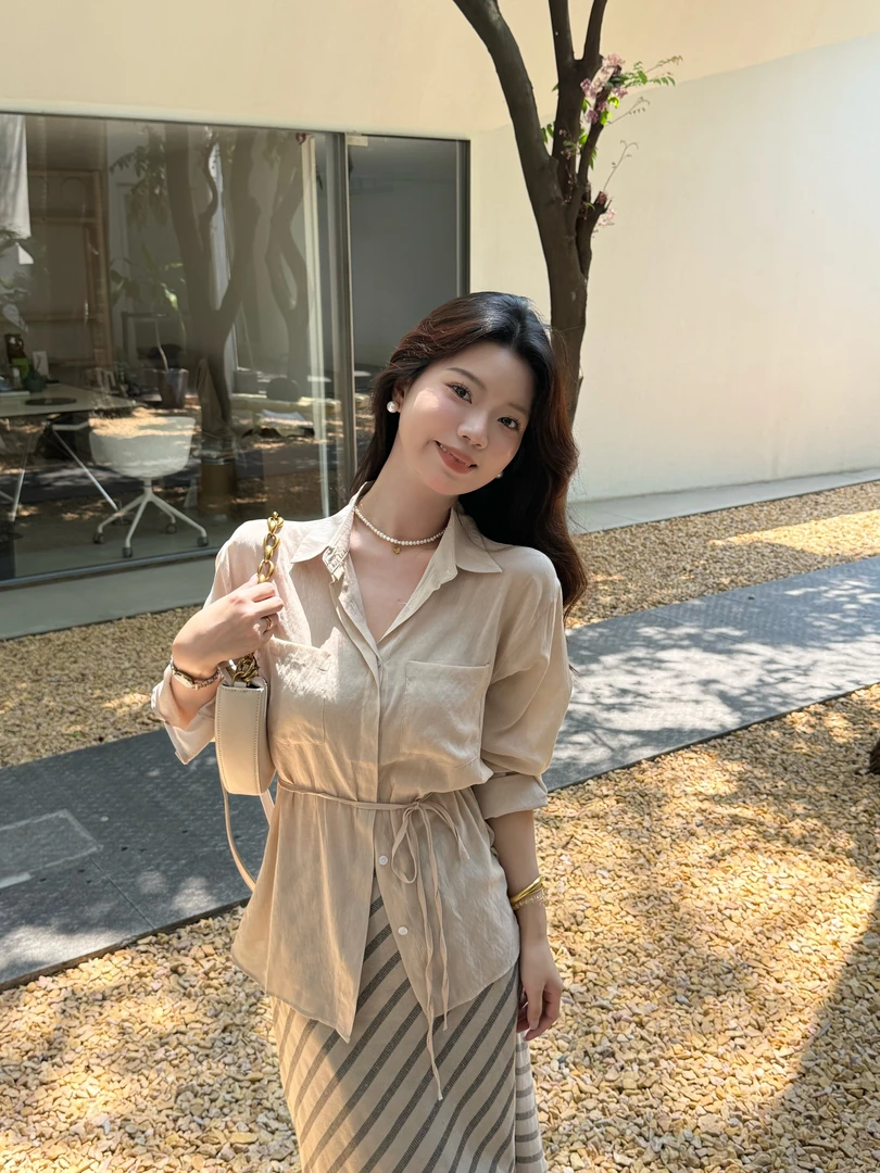 【漫纱云岫】极简老钱风polo领宽松百搭长袖系带休闲衬衫上衣夏季女