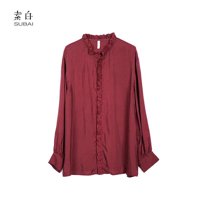 素白【千禧】经典铜氨丝杜鹃红时尚木耳边气质外搭衬衫SB3240793421