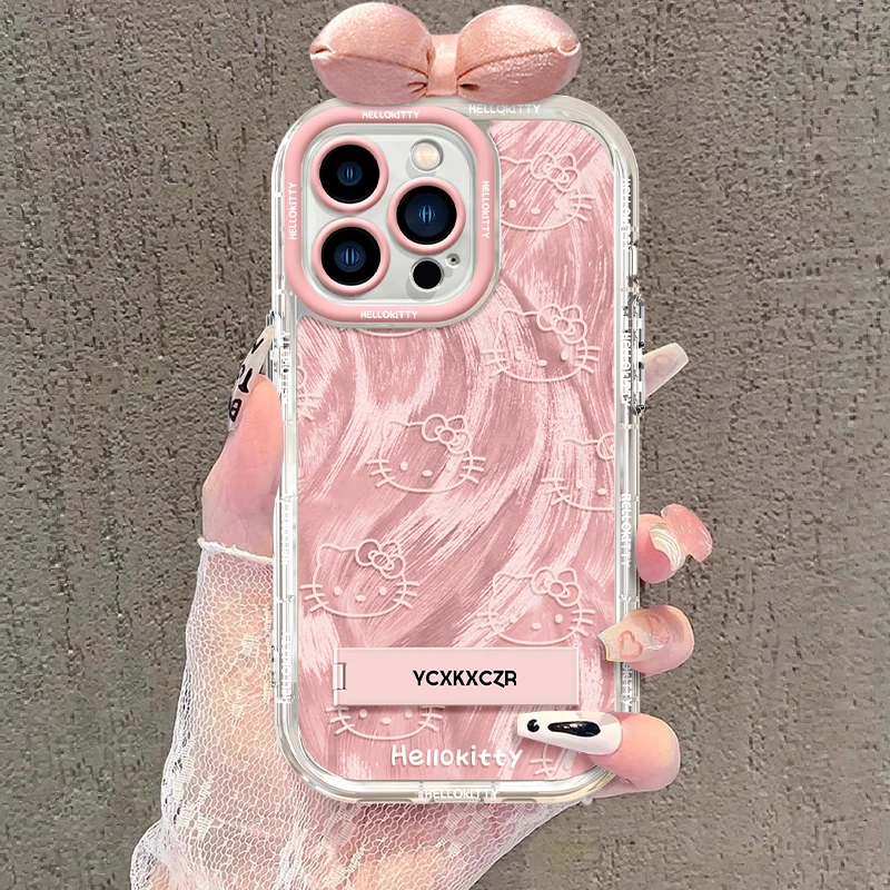 适用于苹果16粉色KT猫手机壳oppo华为vivo简约网红羽纱奶油壳新款