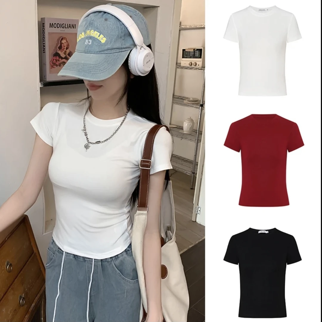 正肩短袖T恤新款辣妹修身显瘦收腰纯色运动上衣纯色短款打底衫女