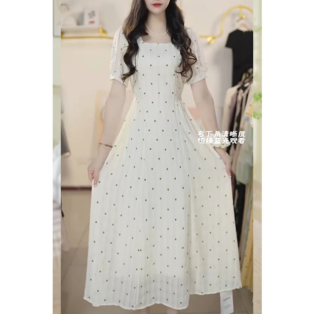 L5419新款2025法式收腰连衣裙高级波点白色气质显瘦长裙夏中长裙