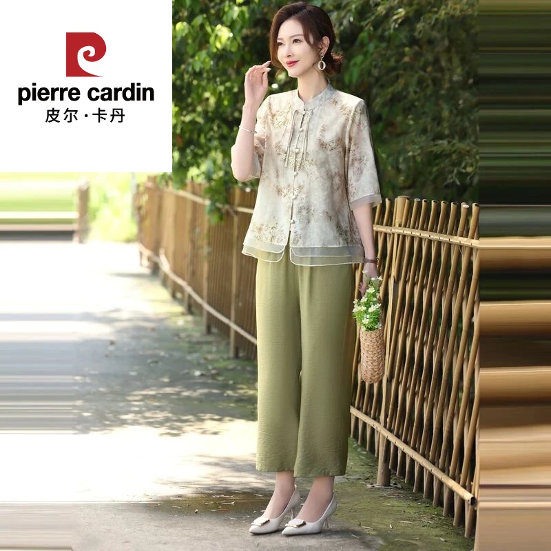 皮尔卡丹妈妈夏装套装新款洋气新中式国风短袖恤上衣中老年女装夏