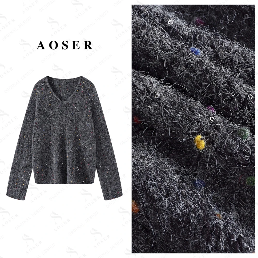 AOSER休闲极简风V领补花亮片长袖女装毛衣时尚百搭毛衣5233
