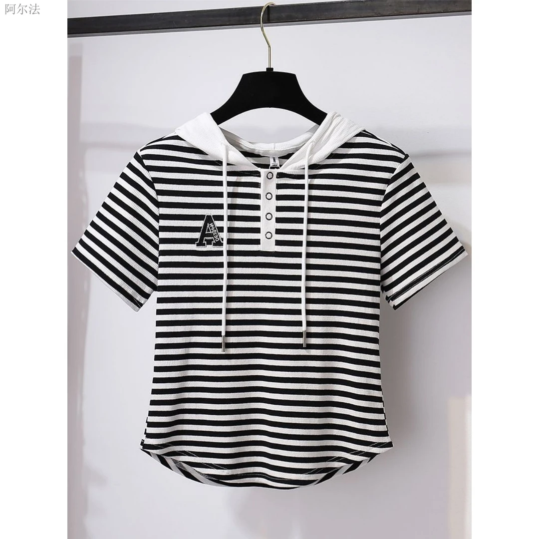 新款夏季修身显瘦条纹拼接连帽短袖T恤女洋气减龄韩版潮