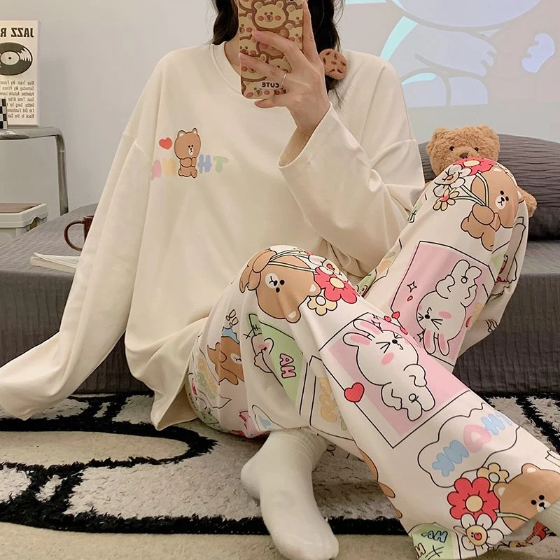 春秋季新款睡衣女2025年宽松长袖长裤甜美可爱卡通大码家居服套装
